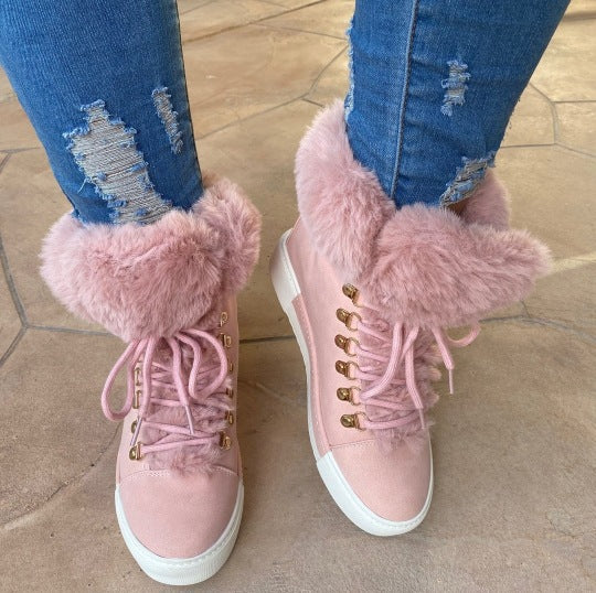 Damen Sportliche High-Top Sneaker mit flauschigem Kunstfellkragen R&B