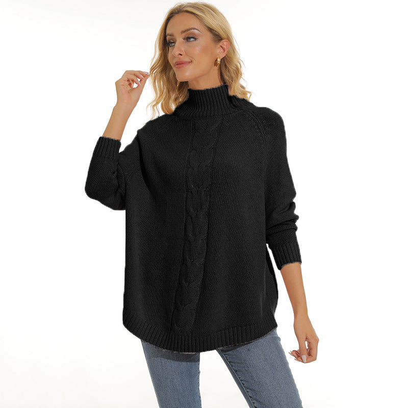 Damen gemütlicher Strickpullover mit hochgeschlossenem Kragen und modischem Zopfmuster R&B