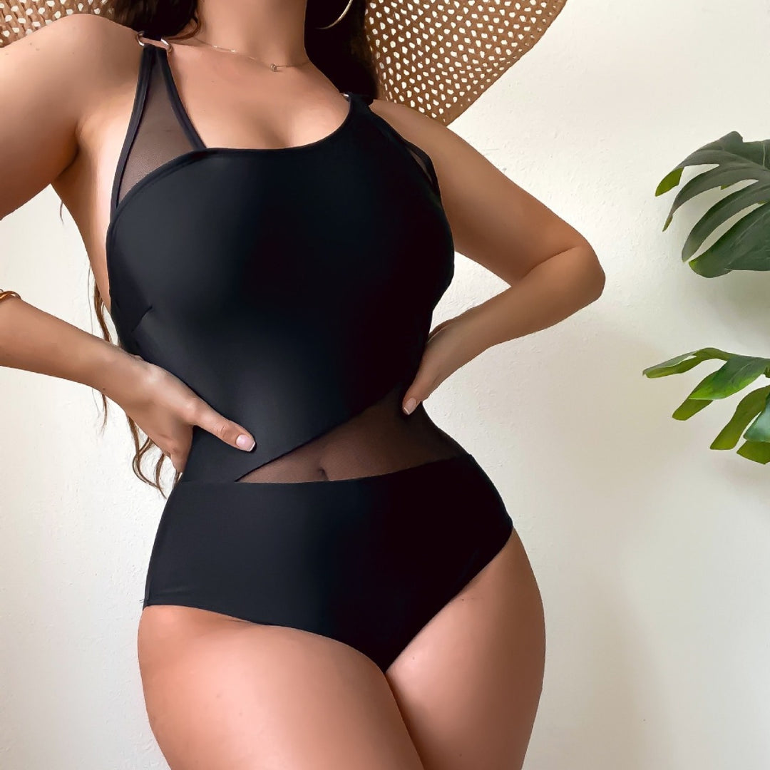 Damen Einteiliger Badeanzug mit transparenten Einsätzen und asymmetrischem Design R&B