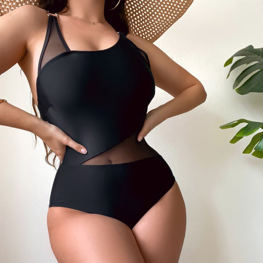 Damen Einteiliger Badeanzug mit transparenten Einsätzen und asymmetrischem Design R&B