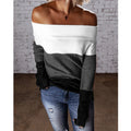 Damen schulterfreier Strickpullover mit modernem Farbblockdesign R&B