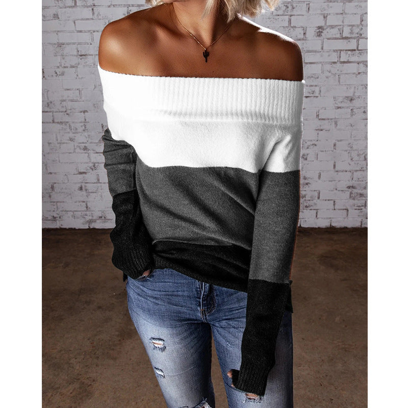 Damen schulterfreier Strickpullover mit modernem Farbblockdesign R&B