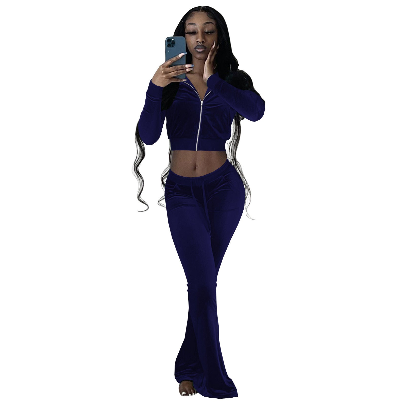 Damen Komfortables Lounge-Set aus weichem Veloursstoff mit Zip-Oberteil und weitem Bein R&B