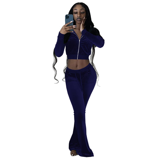 Damen Komfortables Lounge-Set aus weichem Veloursstoff mit Zip-Oberteil und weitem Bein R&B