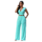 Damen Eleganter Wickel-Jumpsuit mit weitem Bein und Taillengürtel R&B