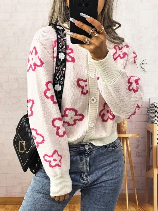 Damen gemütliche Strickjacke mit floralem Muster und Knopfverschluss R&B