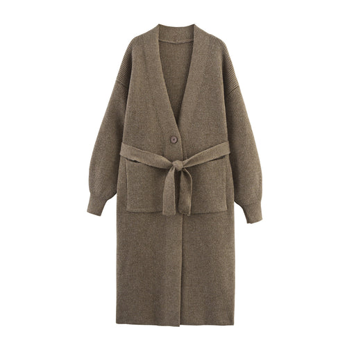 Damen Lange Strickjacke mit Gürtel und Taschen R&B