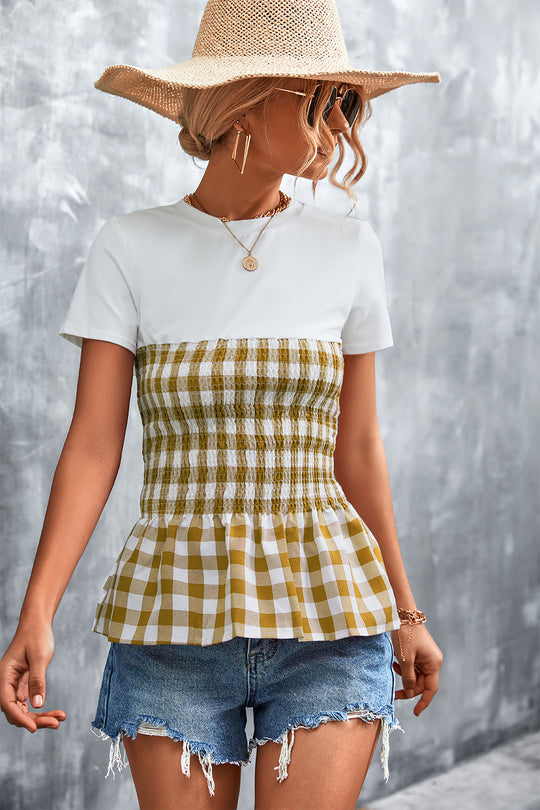 Damen Peplum-Oberteil mit kariertem Stoff und elastischer Taillierung R&B