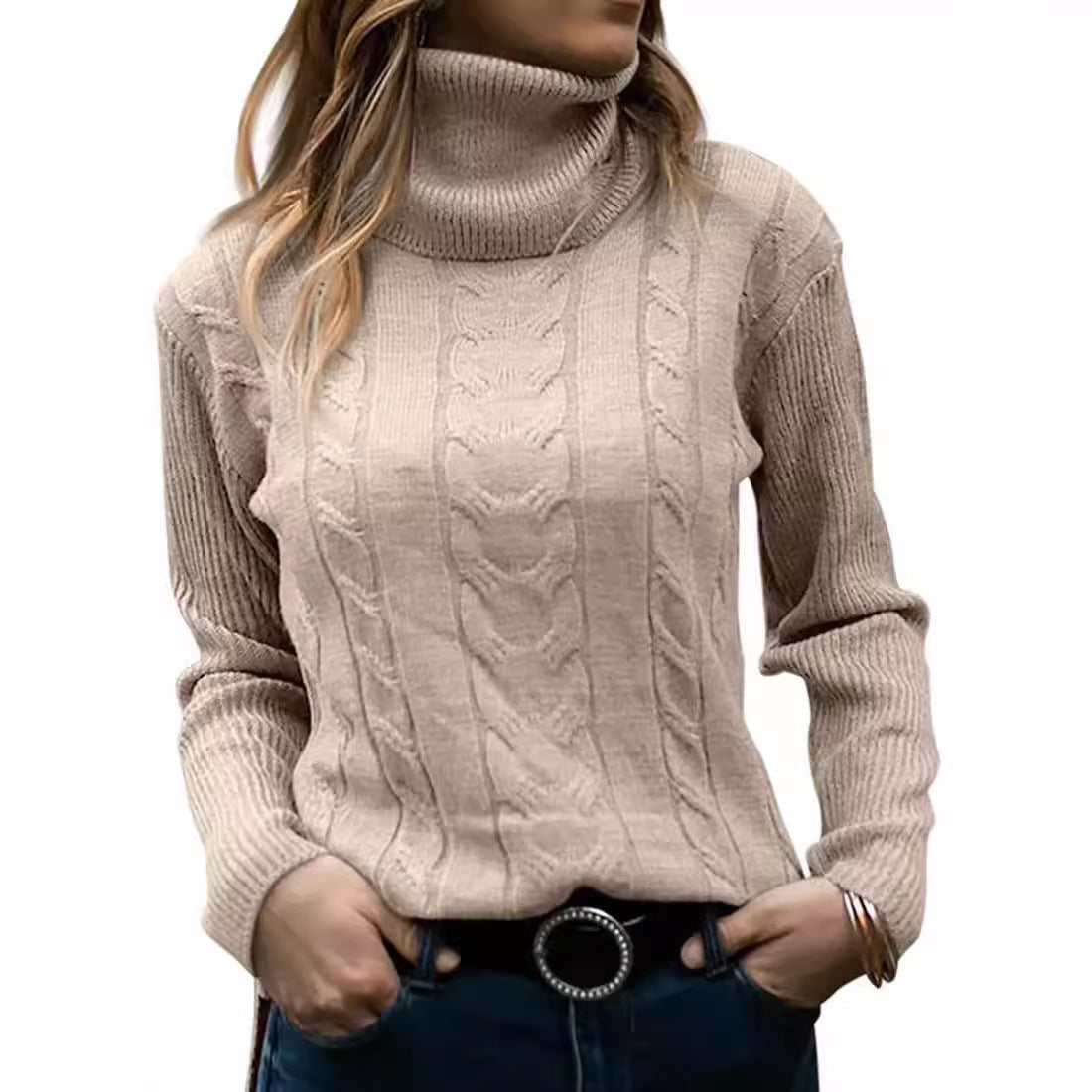 Damen Strickpullover mit Stehkragen und Zopfmuster R&B