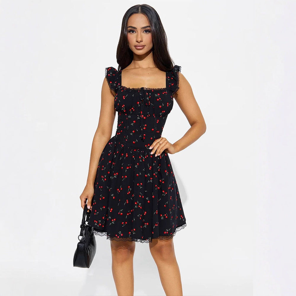 Damen Sommerkleid mit verspieltem Kirschmuster und Spitzenakzenten R&B