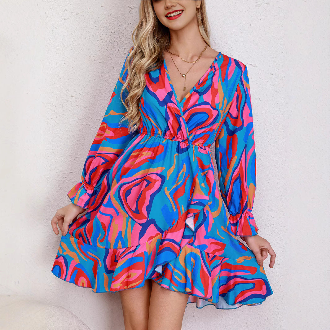 Damen Kurzes Kleid mit Wickeldesign und fröhlichem Muster R&B