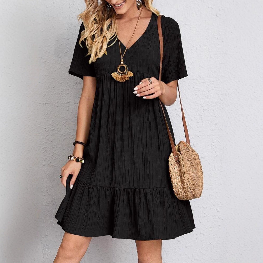 Damen nan Crinkle-Sommerkleid mit V-Ausschnitt, Empirenaht und Volant-Saum R&B