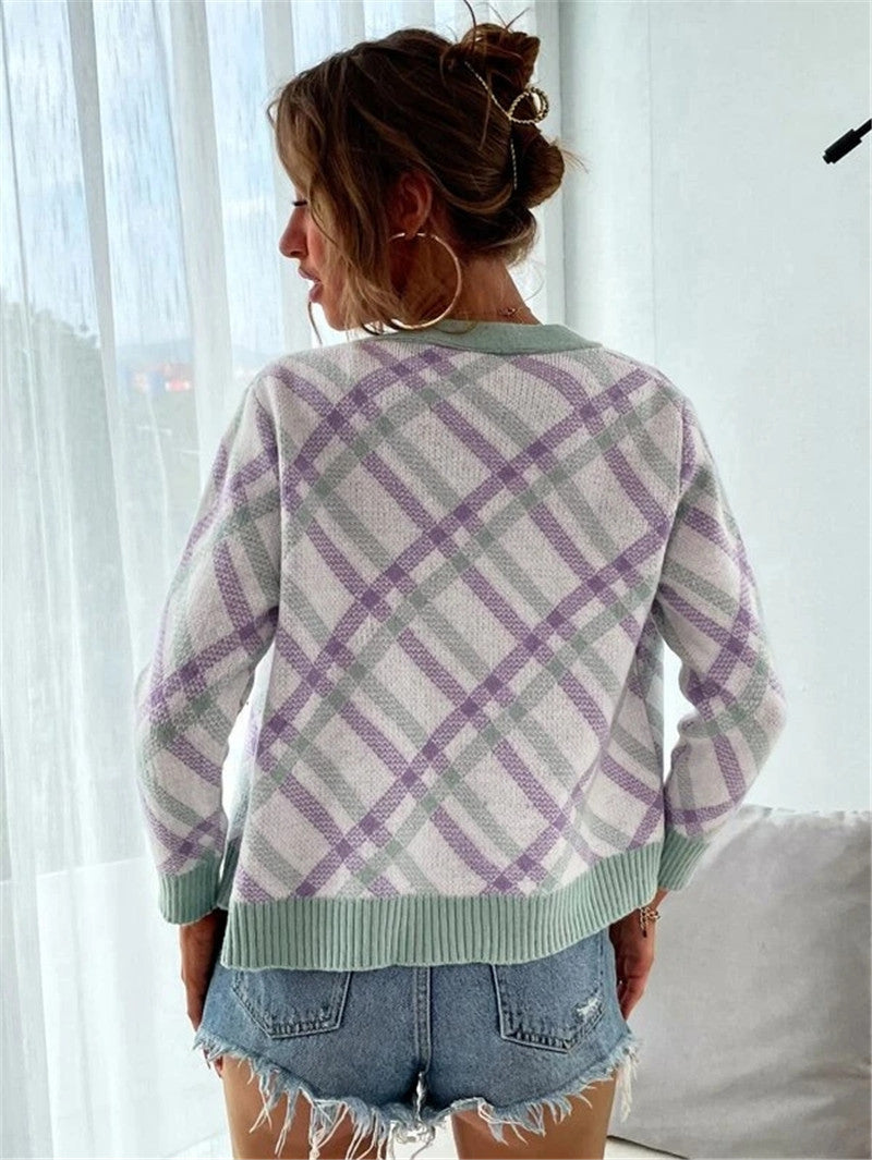 Damen modischer Strickcardigan mit Karomuster und eleganter Knopfleiste R&B