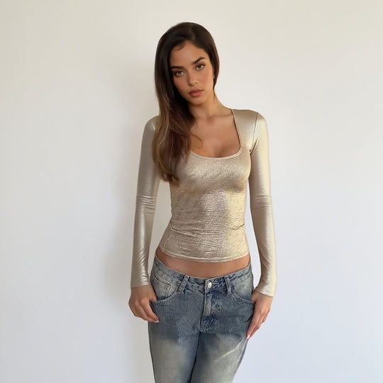 Damen schimmerndes Langarmshirt mit elegantem Rundhalsausschnitt und figurbetontem Schnitt R&B