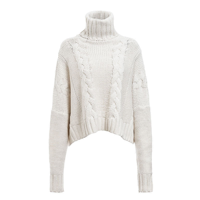 Damen Grobstrickpullover mit hohem Kragen und einzigartigem Zopfdesign R&B