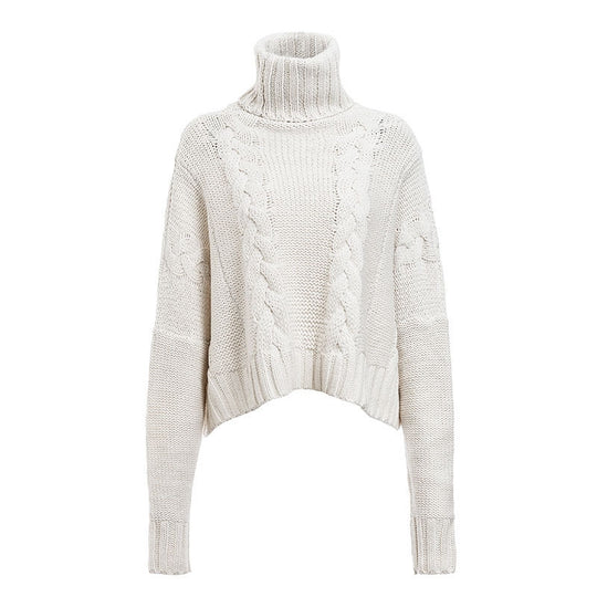 Damen Grobstrickpullover mit hohem Kragen und einzigartigem Zopfdesign R&B