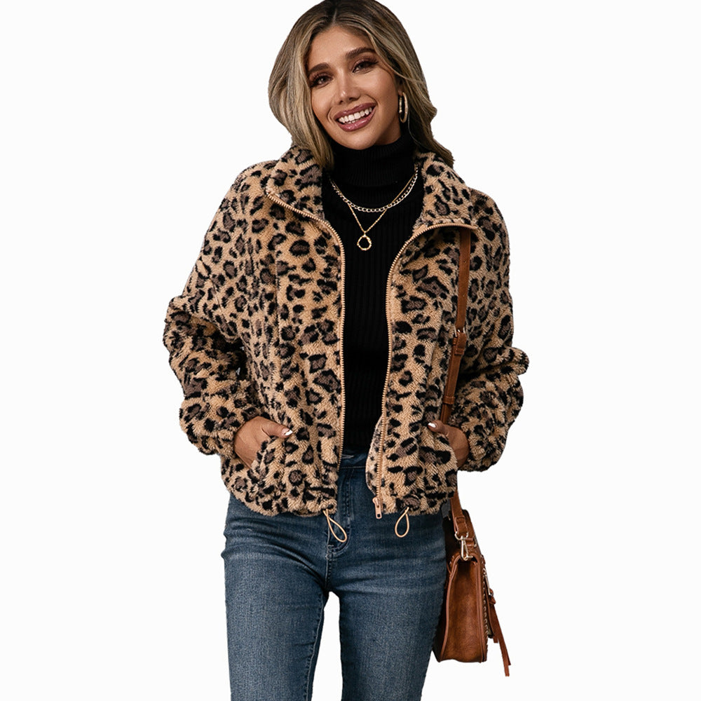 Damen Fleecejacke mit Leoparddruck und seitlichen Taschen R&B