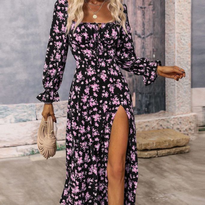 Damen Maxikleid mit seitlichem Schlitz und Puffärmeln R&B