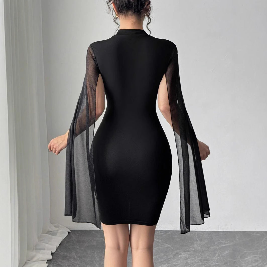 Damen figurbetontes Kleid mit transparenter Umarmung und Blumenapplikationen R&B
