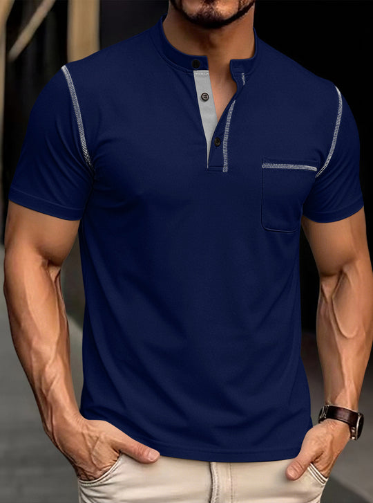 Herren nan modernes Kurzarm-Henley mit Stehkragen, Kontrastnähten und aufgesetzter Brusttasche R&B