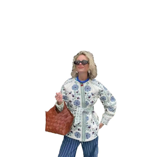 Damen gesteppte Jacke mit floralem Design und Knopfverschluss R&B