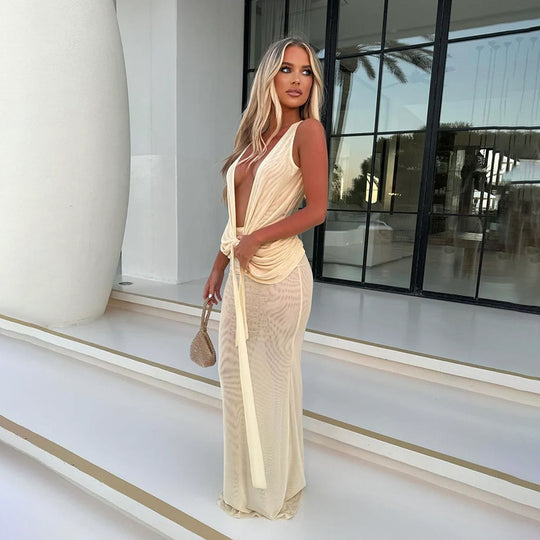 Damen elegantes Maxikleid mit tiefem V-Ausschnitt und verführerischen Wickeldetails R&B