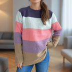 Damen lässiger Strickpullover mit bunten Blockstreifen und weitem Schnitt R&B