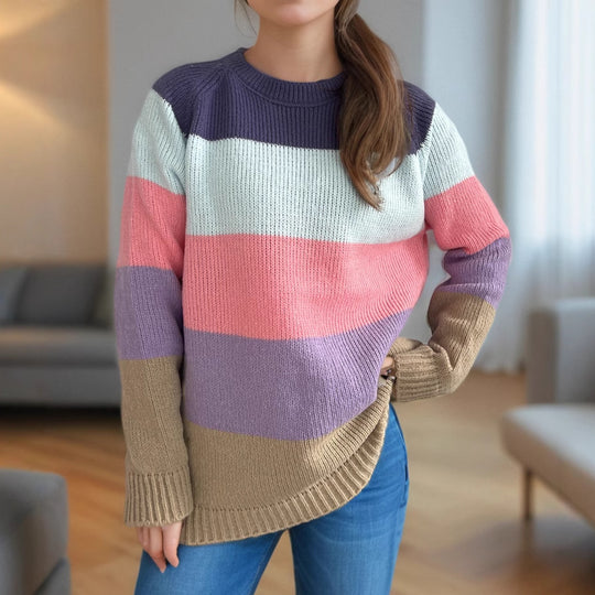 Damen lässiger Strickpullover mit bunten Blockstreifen und weitem Schnitt R&B