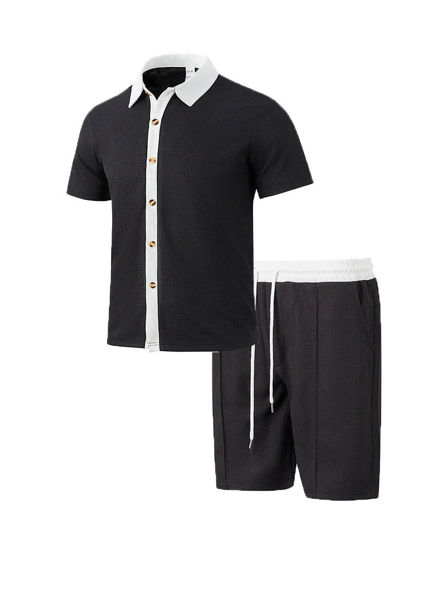 Herren nan modernes Freizeit-Set aus feinem Strukturjersey mit Hemdkragen-Knopfleiste und Kordel-Shorts R&B
