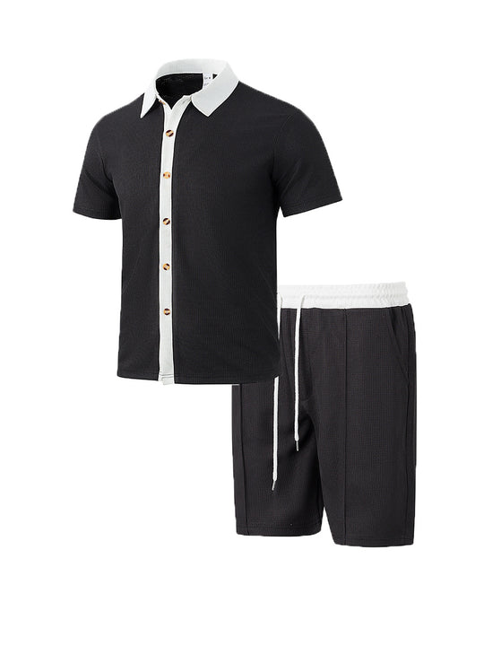 Herren nan modernes Freizeit-Set aus feinem Strukturjersey mit Hemdkragen-Knopfleiste und Kordel-Shorts R&B