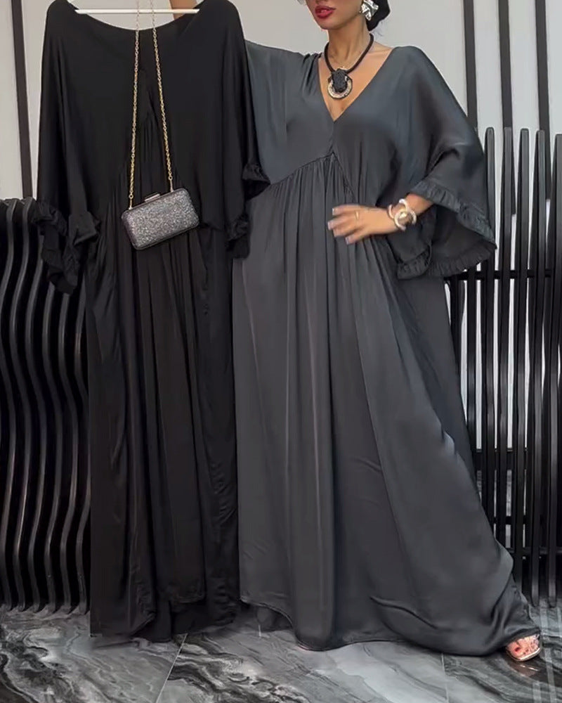 Damen nan Satinoptik Kaftan-Maxikleid mit V-Ausschnitt, geraffter Empirenaht und Volantsärmeln R&B