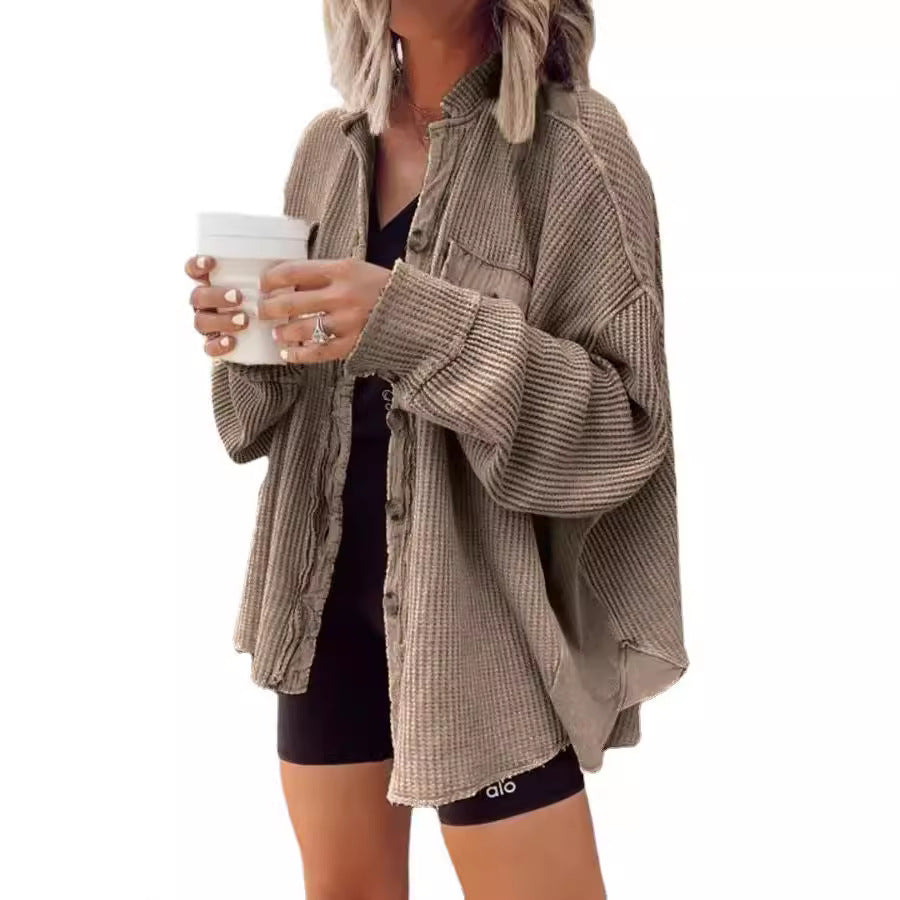 Damen Lässige Waffle-Strickjacke mit praktischen Taschen und Knopfdetails R&B