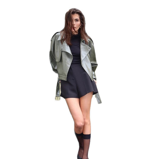 Damen Kunstlederkleid mit tailliertem Schnitt und praktischen Bindegürtel R&B