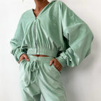 Damen Fleece Freizeitanzug mit hohem Kragen und Kordelzug R&B