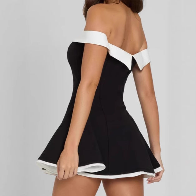 Damen Off-Shoulder Minikleid mit voluminösem Rock und elegantem V-Ausschnitt R&B