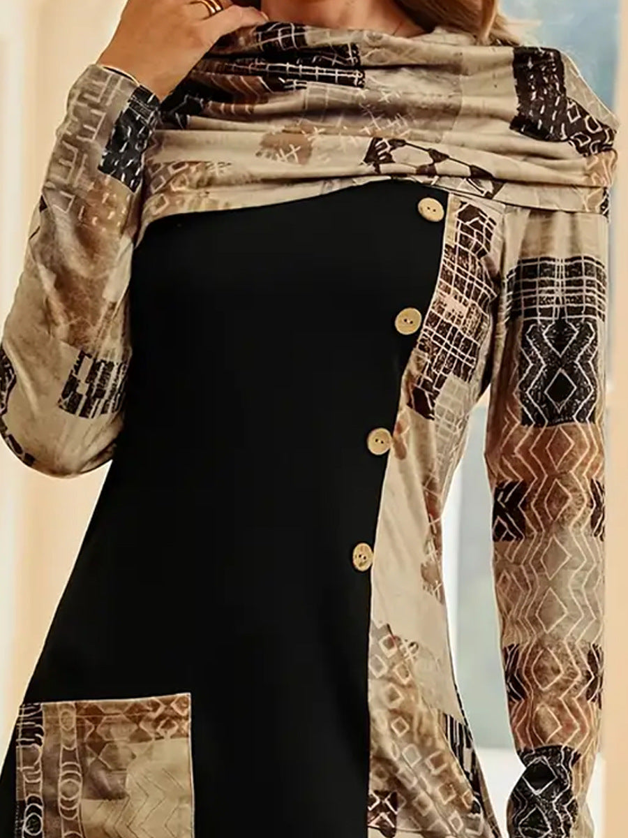 Damen modisches Tunika-Kleid mit kunstvollem Patchwork-Design und Knopfdetails R&B