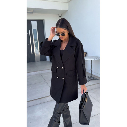 Damen modischer Oversized-Baumwollblazer mit doppelter Knopfleiste und praktischen Taschen R&B