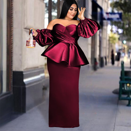 Damen elegantes Abendkleid mit dramatischen Puffärmeln und Peplum-Saum R&B