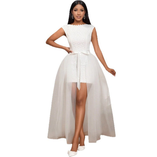 Damen Midi-Brautkleid mit verziertem Oberteil und transparentem Tüll Überrock R&B