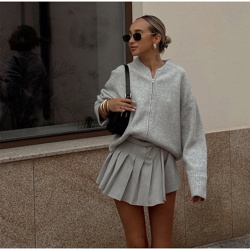 Damen lässige Strickjacke mit hohem Kragen und Reißverschluss R&B