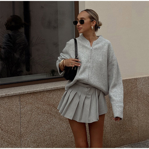 Damen lässige Strickjacke mit hohem Kragen und Reißverschluss R&B
