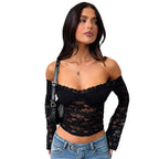 Damen Spitzentop mit Schulterfreiem Design und Volantärmeln R&B