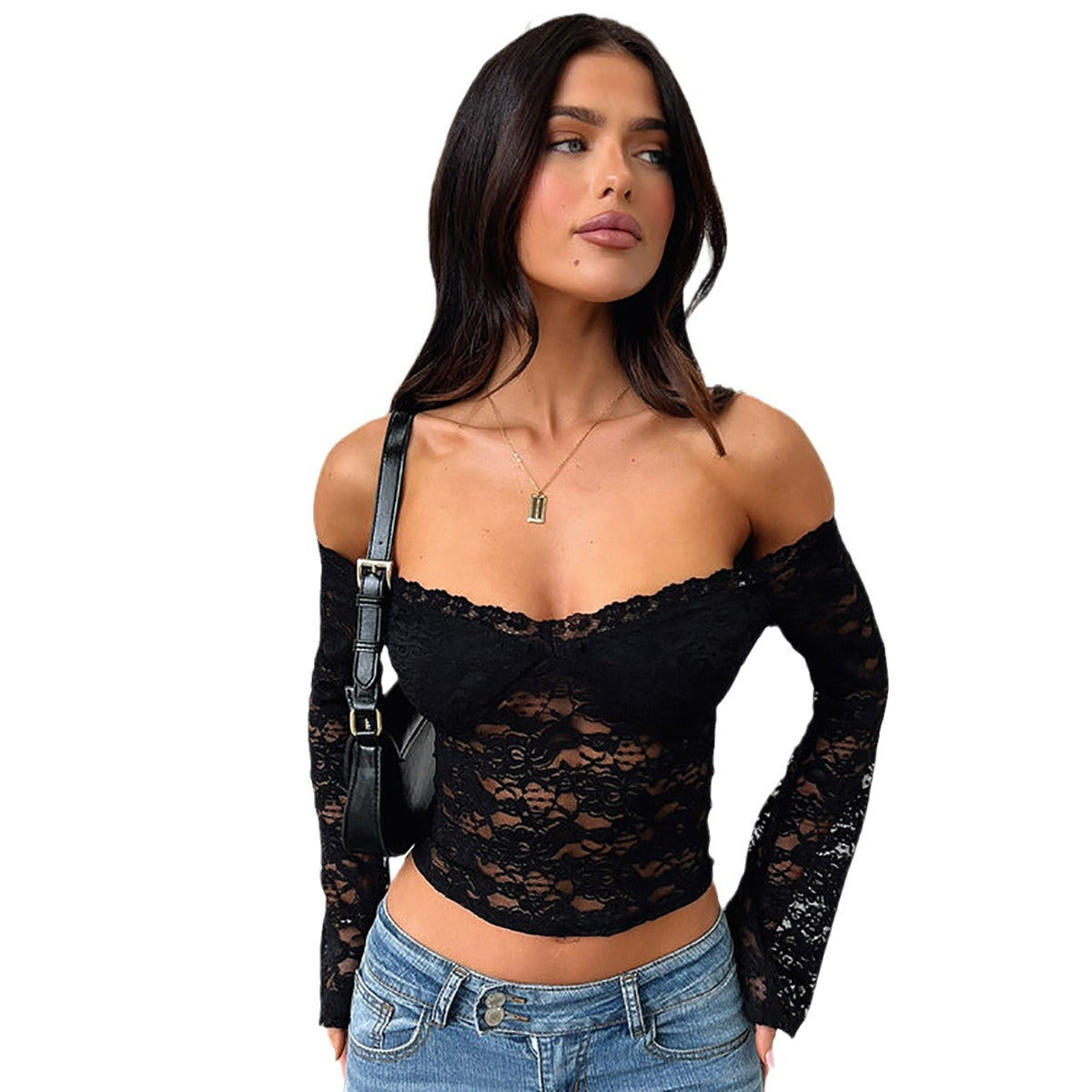 Damen Spitzentop mit Schulterfreiem Design und Volantärmeln R&B