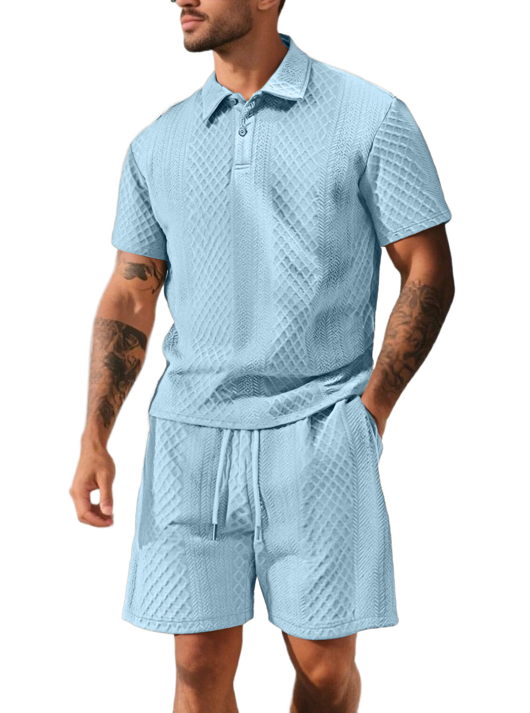 Herren nan strukturiertes Poloshirt- und Bermudashorts-Set aus gesteppter Baumwollmischung R&B