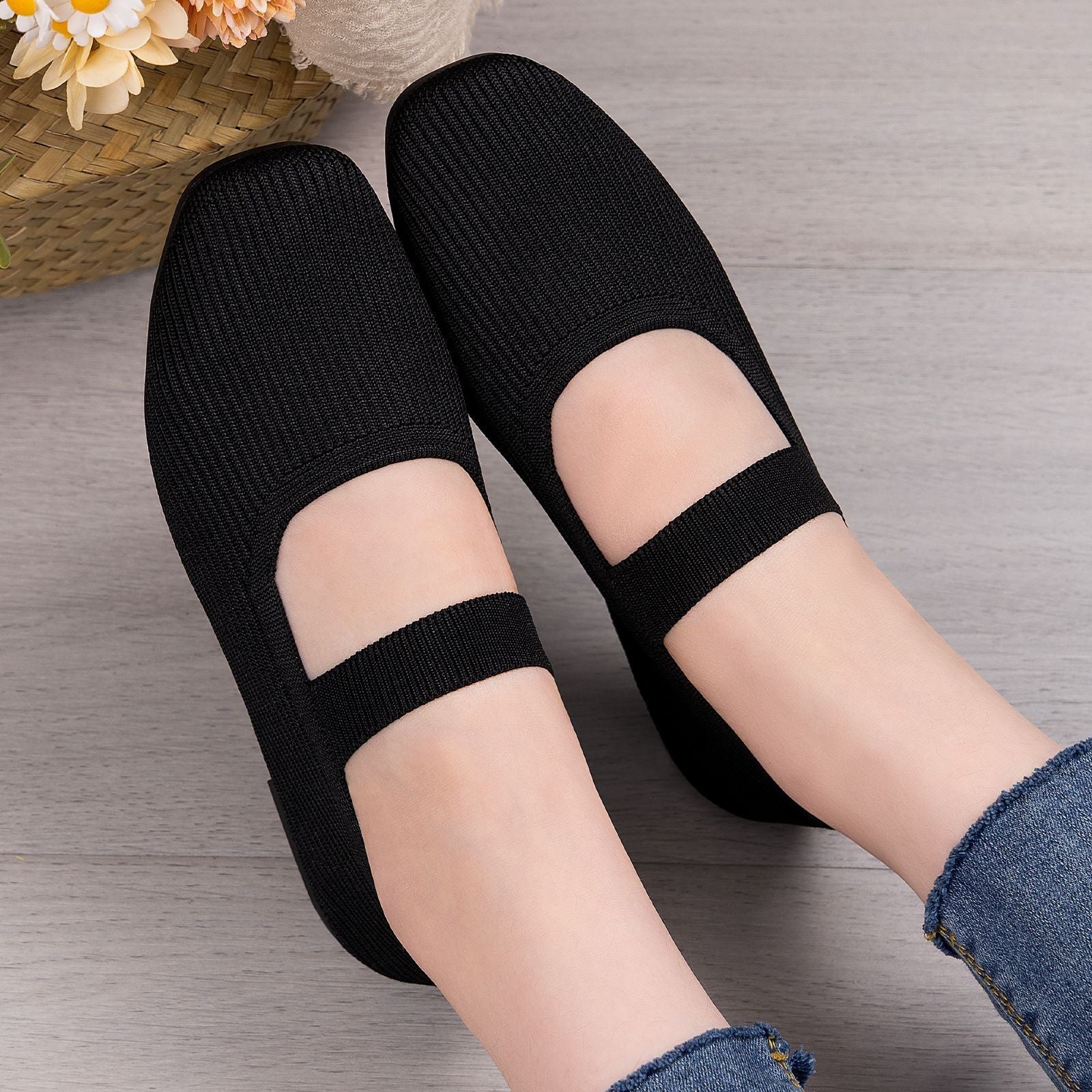 Damen Bequeme Strick-Ballerinas mit elastischem Riemen R&B