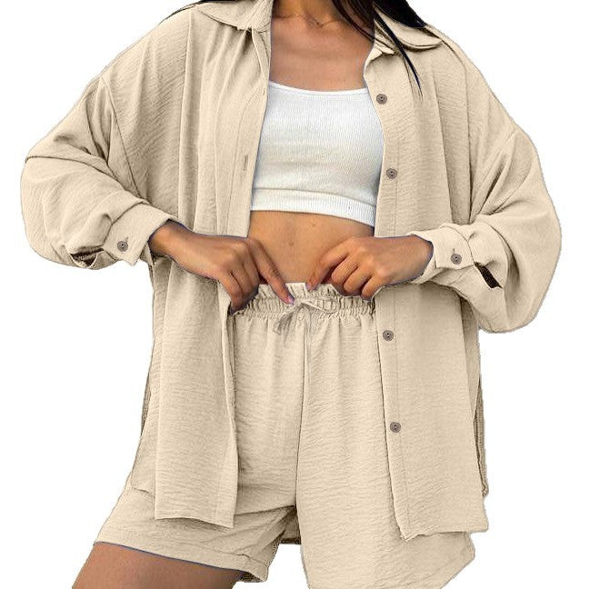 Damen lässiges Kurzarm-Set mit geknöpfter Bluse und bequemen Shorts R&B