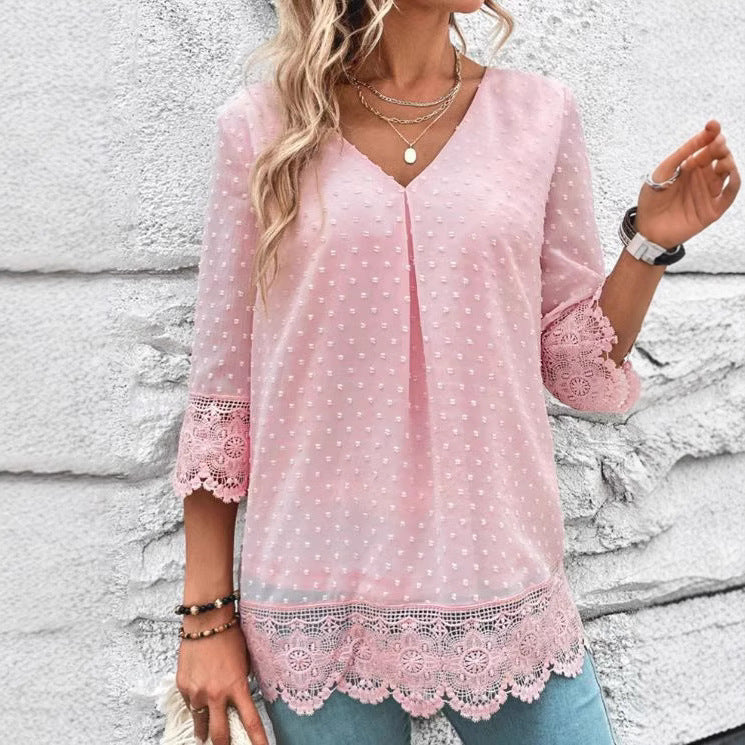 Damen Bluse mit Spitzenbesatz und gepunktetem Design Heidi-Mode