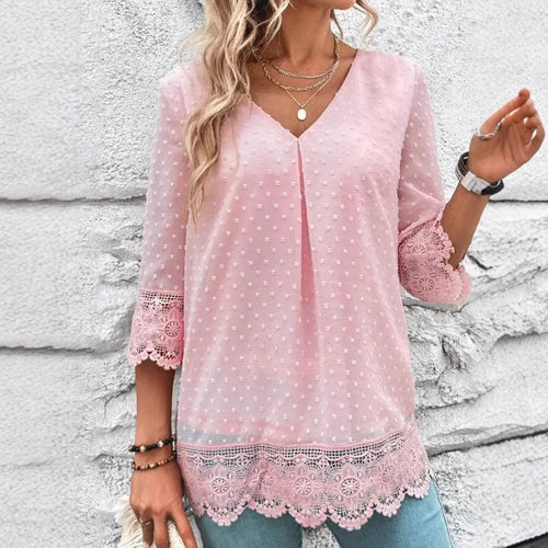 Damen nan transparente Chiffonbluse mit Pünktchenstruktur, Spitzenbesatz, V-Ausschnitt und dreiviertelärmeln R&B