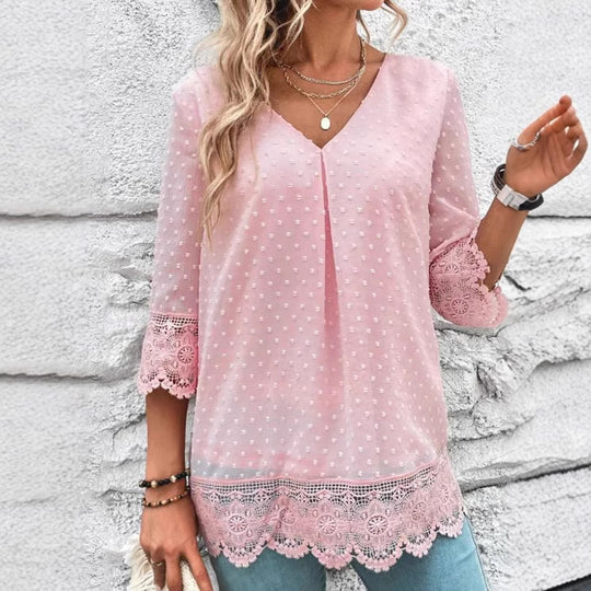 Damen nan feminine Chiffon-Tunika mit Pünktchenrelief, V-Ausschnitt und Häkelspitzenbesatz R&B