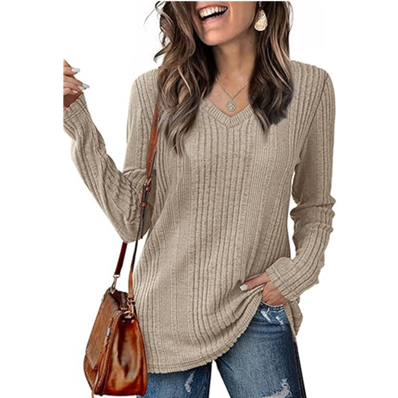 Damen modischer V-Ausschnitt Pullover mit Rippstruktur R&B